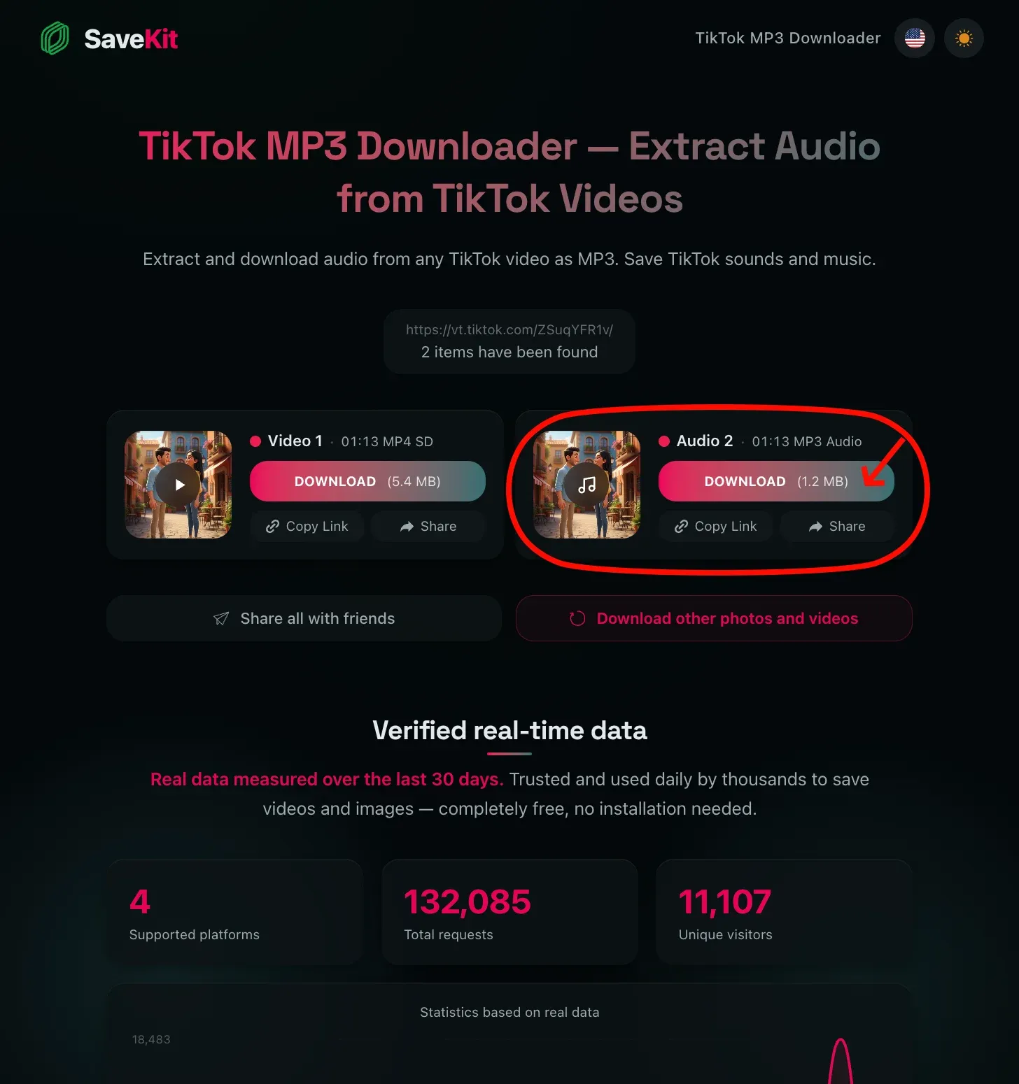 SaveKit showing video and MP3 audio download options for a TikTok video