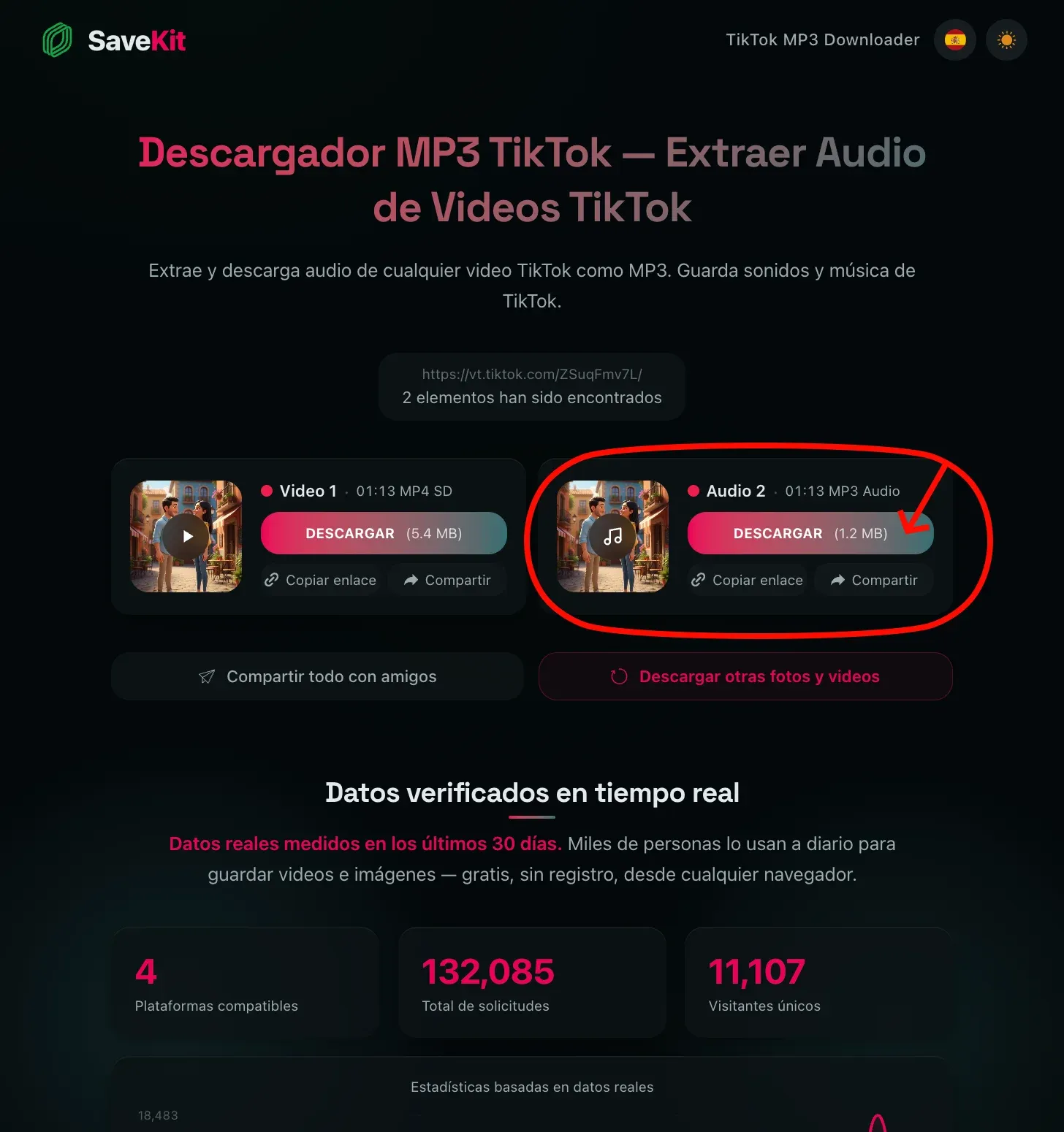 Resultado de SaveKit mostrando las opciones de video y audio MP3